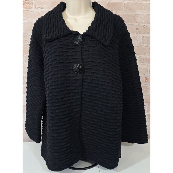 JM Collection Textured Sweater Cardigan Jacket Black 2 Button 3/4 Sleeve Women L - Picture 1 of 14